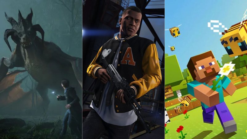 Hogwarts Legacy, GTA V e mais; PlayStation revela jogos mais baixados em janeiro - Divulgação/Warner Bros. Interactive Entertainment/Rockstar Games/Mojang Studios