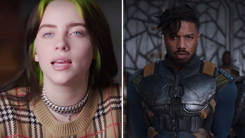 Billie Eilish em entrevista e Michael B. Jordan em Pantera Negra - Reprodução / Youtube / Marvel Studios