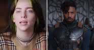 Billie Eilish em entrevista e Michael B. Jordan em Pantera Negra - Reprodução / Youtube / Marvel Studios