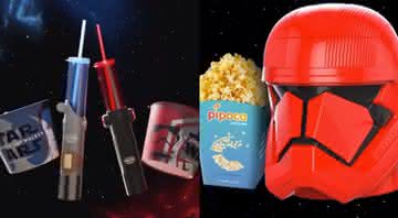 Combos da Cinemark (à esquerda) com os sabres de luz e da Cinépolis (à direita) com a cabeça de um soldado - Divulgação