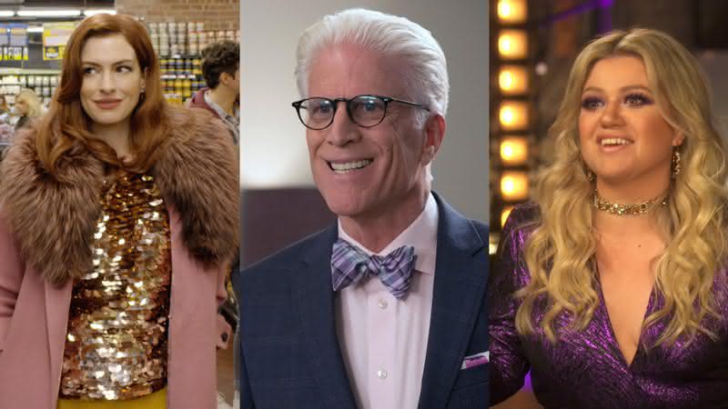 Anne Hathaway, Ted Danson e Kelly Clarkson em produções para a televisão - Amazon/NBC/YouTube