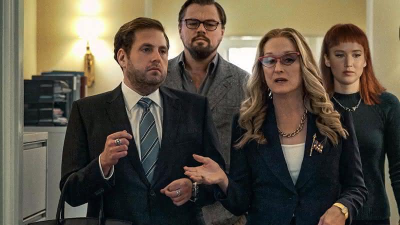 (Niko Tavernise/Netflix) - Jonah Hill, Leonardo DiCaprio, Meryl Streep e Jennifer Lawrence em "Não Olhe para Cima"