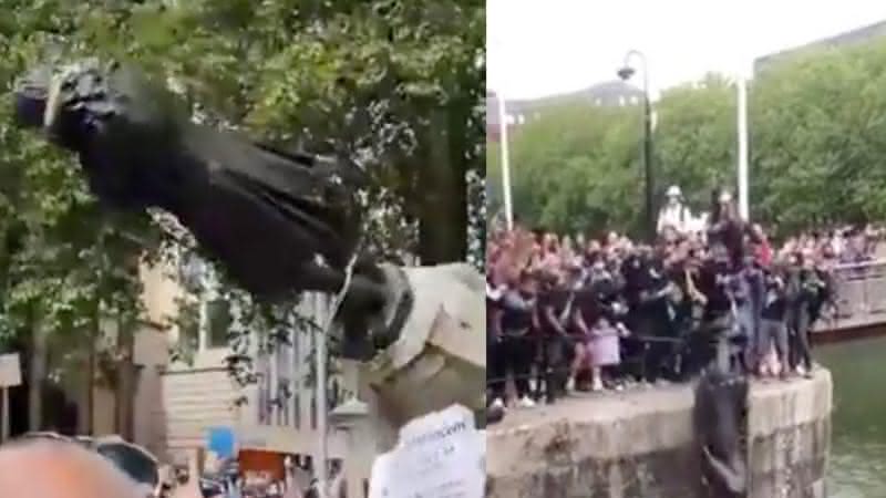 Imagens de manifestantes com a estátua de Edward Colston - Twitter