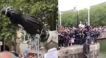 Imagens de manifestantes com a estátua de Edward Colston - Twitter