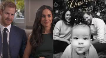 Príncipe Harry e Meghan Markle em entrevista a BBC e o cartão de Natal dos Sussex ao lado - YouTube/Twitter