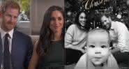 Príncipe Harry e Meghan Markle em entrevista a BBC e o cartão de Natal dos Sussex ao lado - YouTube/Twitter