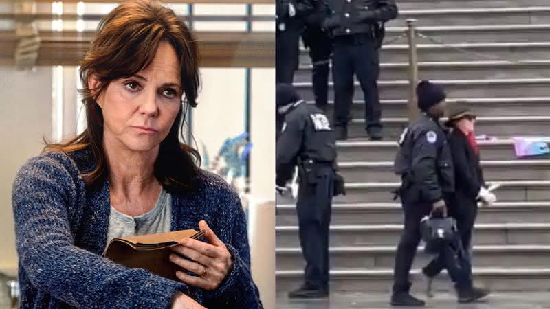 Sally Field em cena de O Espetacular Homem-Aranha e a atriz sendo detida em Washington - Sony Pictures / Twitter