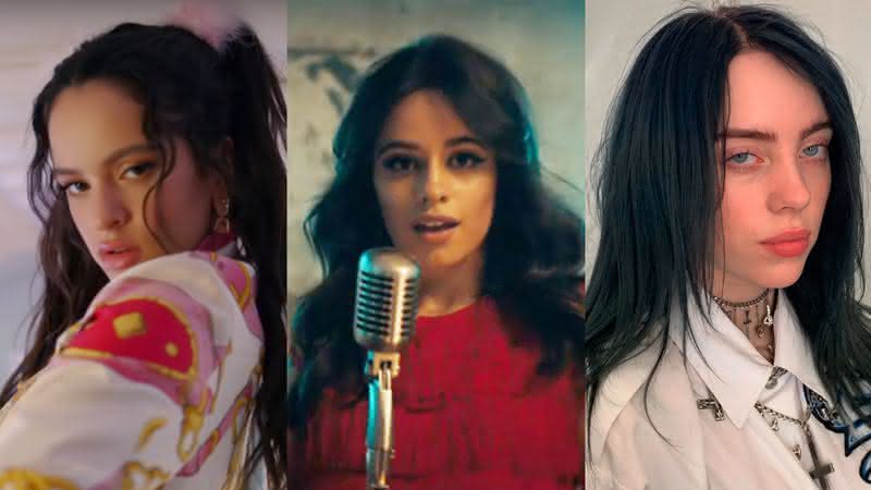 Rosalía no clipe de Con Altura; Camila Cabello no clipe de Havana e Billie Eilish em clique nas redes - YouTube/Instagram