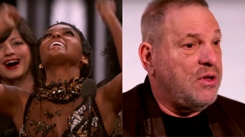 À esquerda, a atriz e cantora Janelle Monáe comemora a vitória de Moonlight: Sob a Luz do Luar no Oscar; ao lado, Harvey Weinstein, produtor denunciado por assédio e agressão sexual e o estopim de movimentos como o Time's Up - Reprodução/YouTube