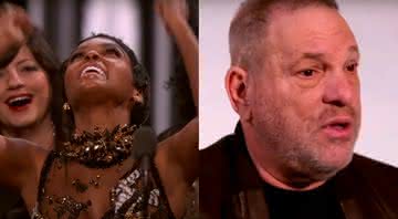 À esquerda, a atriz e cantora Janelle Monáe comemora a vitória de Moonlight: Sob a Luz do Luar no Oscar; ao lado, Harvey Weinstein, produtor denunciado por assédio e agressão sexual e o estopim de movimentos como o Time's Up - Reprodução/YouTube