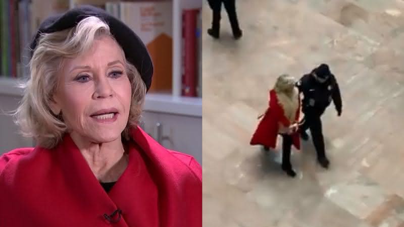 Jane Fonda em entrevista para a Associated Press e sendo presa pela quinta vez - YouTube/Instagram