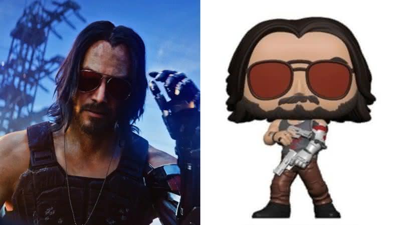 Keanu Reeves como Johnny Silverhand e Funko Pop do personagem - YouTube/Funko