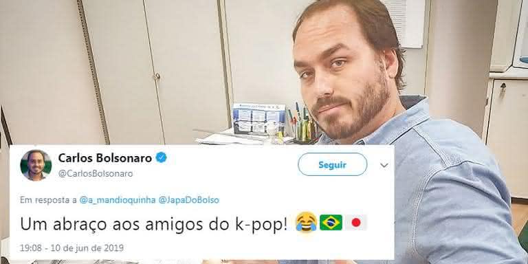 Carlos Bolsonaro usa bandeira do Japão para falar sobre pop coreano. - Montagem