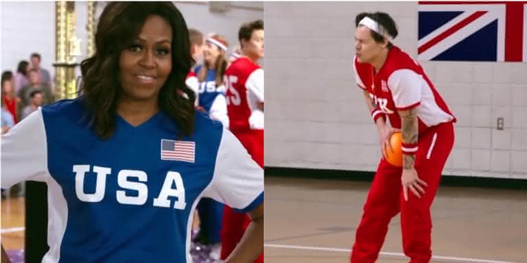 Michelle Obama e Harry Styles em quadro do programa de James Corden - Reprodução/YouTube