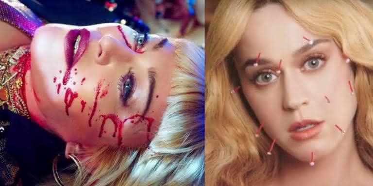 Madonna em 'God Control' e Katy Perry em 'Never Really Over' - Reprodução/Youtube