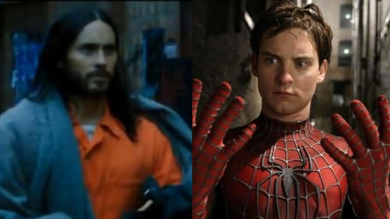 Jared leto no set de Morbius e Tobey Maguire como Homem-Aranha - Twitter/Divulgação/Columbia Pictures