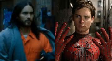 Jared leto no set de Morbius e Tobey Maguire como Homem-Aranha - Twitter/Divulgação/Columbia Pictures