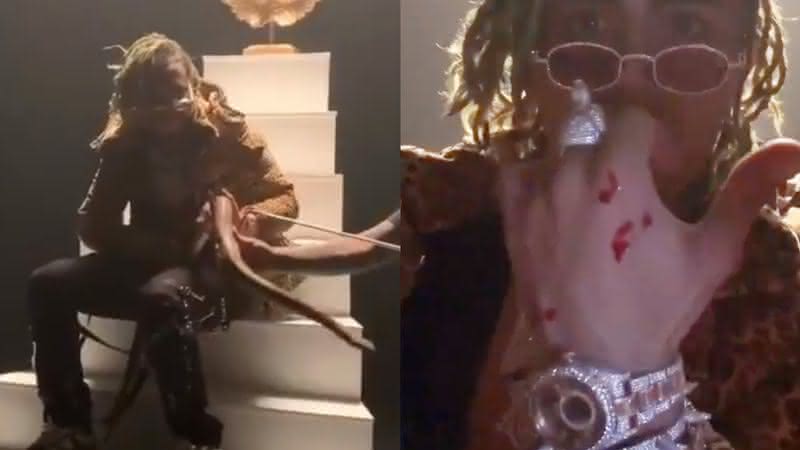 Lil Pump no set com a cobra no colo e sua picada, logo após o bote - Twitter