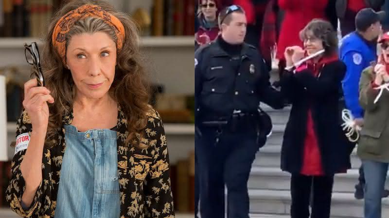 Lily Tomlin na série Grace and Frankie e sendo detida em Washington - Netflix/Twitter