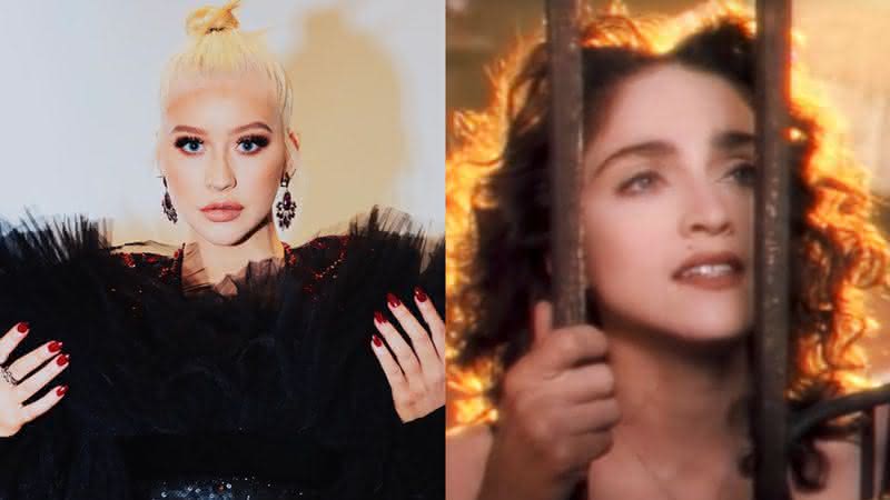 Christina Aguilera em clique nas redes e Madonna no clipe de Like a Prayer - Instagram/YouTube