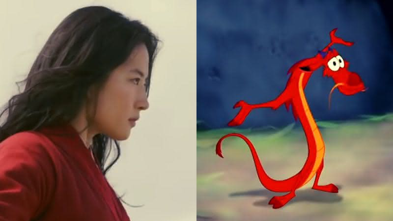 Mulan no live-action e Mushu na animação - Reprodução/YouTube