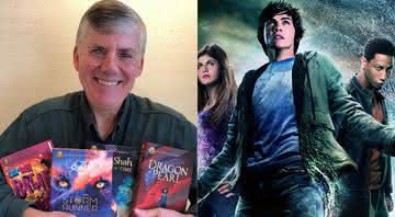 Rick Riordian com alguns de seus livros e personagens do filme de Percy Jackson - Instagram/Divulgação/20th Century Fox