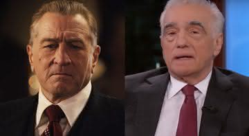 Robert De Niro em cena de O Irlandês e Martin Scorsese em entrevista com Jimmy Kimmel - Netflix/YouTube