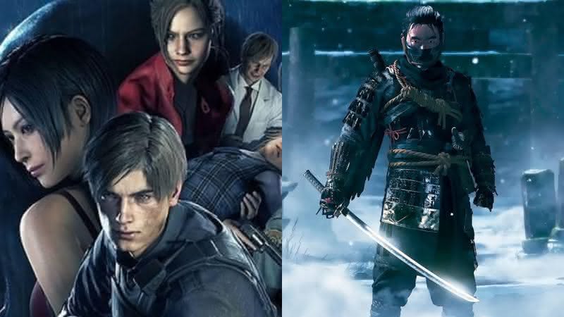 Personagens do remake de Resident Evil 2 e captura de tela do game Ghost of Tsushima - Capcom/Sucker Punch Production