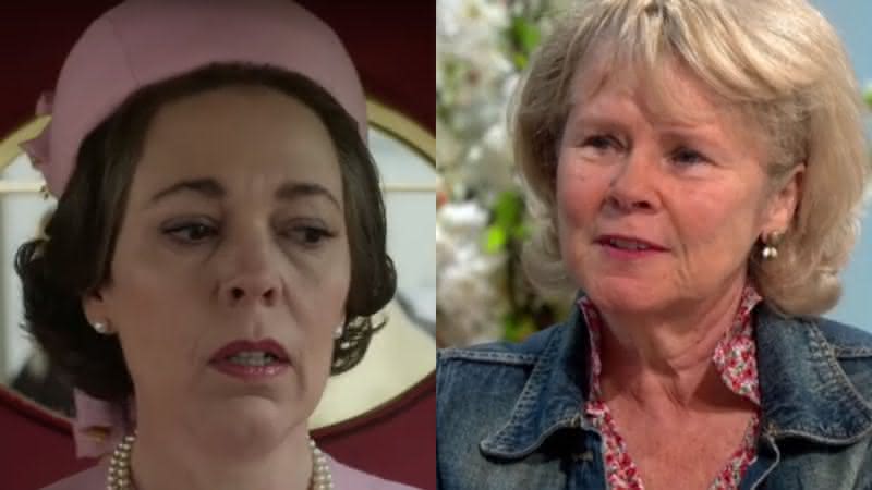 Olivia Colman em The Crown e Imelda Staunton em entrevista - Reprodução/YouTube