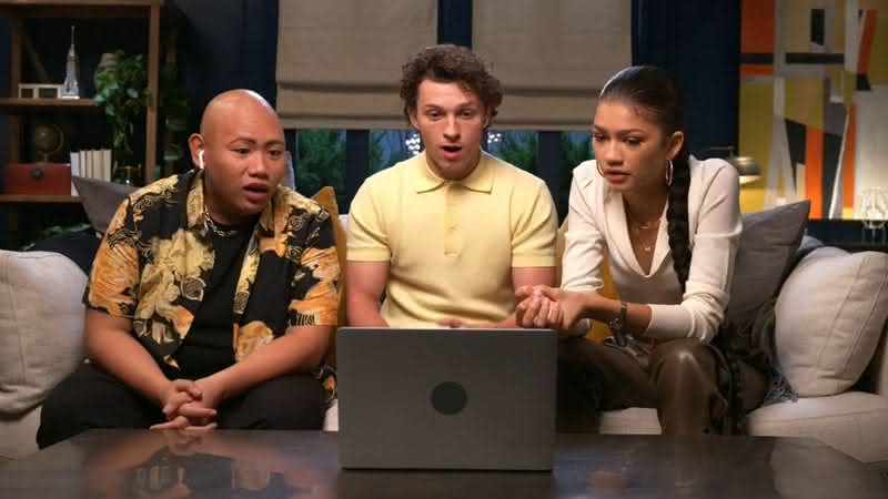 Tom Holland, Zendaya, Jacob Batalon reagindo ao novo trailer de “Homem-Aranha: Sem Volta Para Casa” - (Divulgação/Sony Pictures)