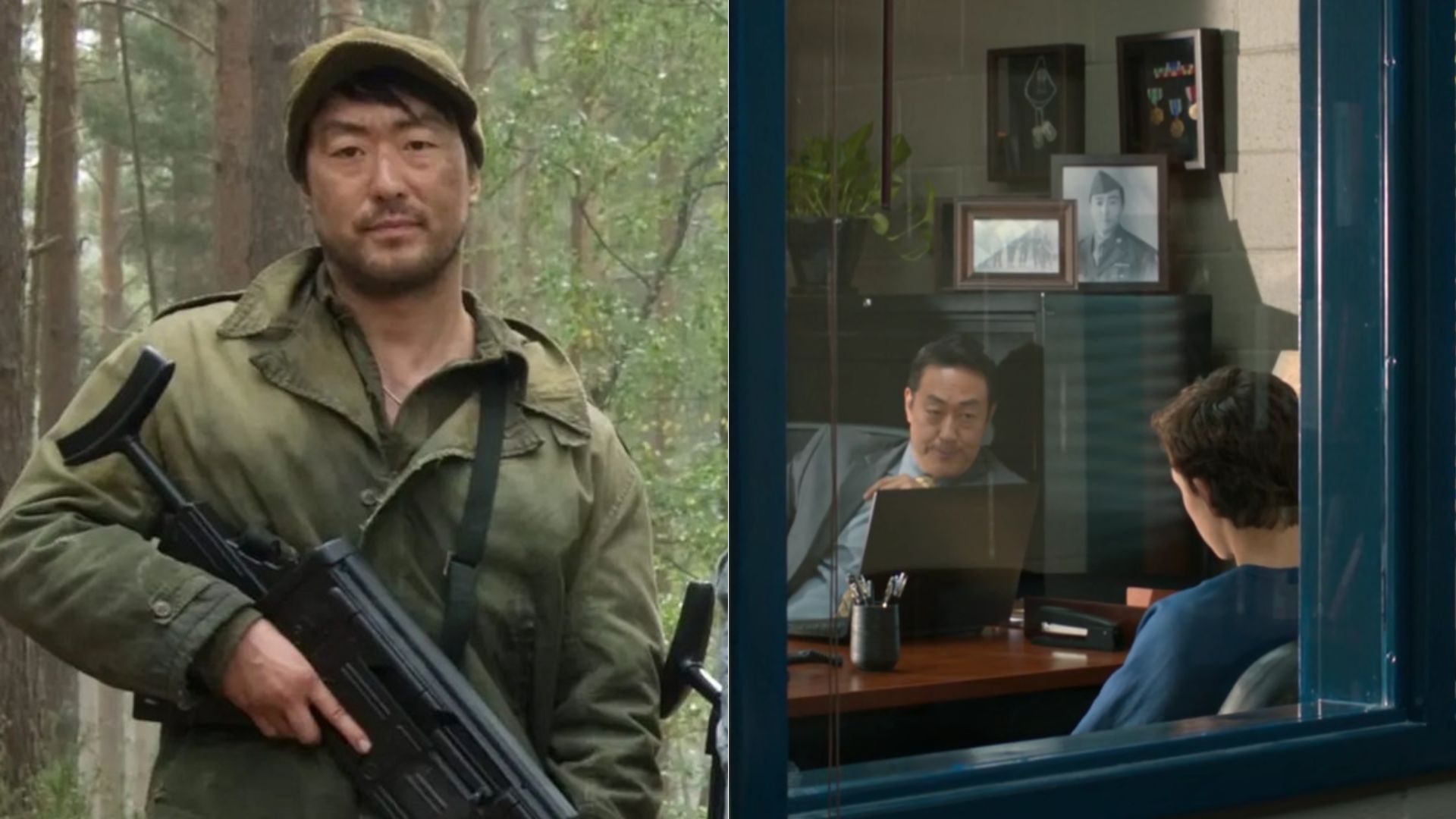 Em "Capitão América: O Primeiro Vingador", Kenneth Choi interpreta o soldado Jim Morita e, em "Homem-Aranha: De Volta ao Lar", viveu o neto do personagem, o diretor Morita (Foto: Reprodução/Marvel Studios/Sony Pictures)