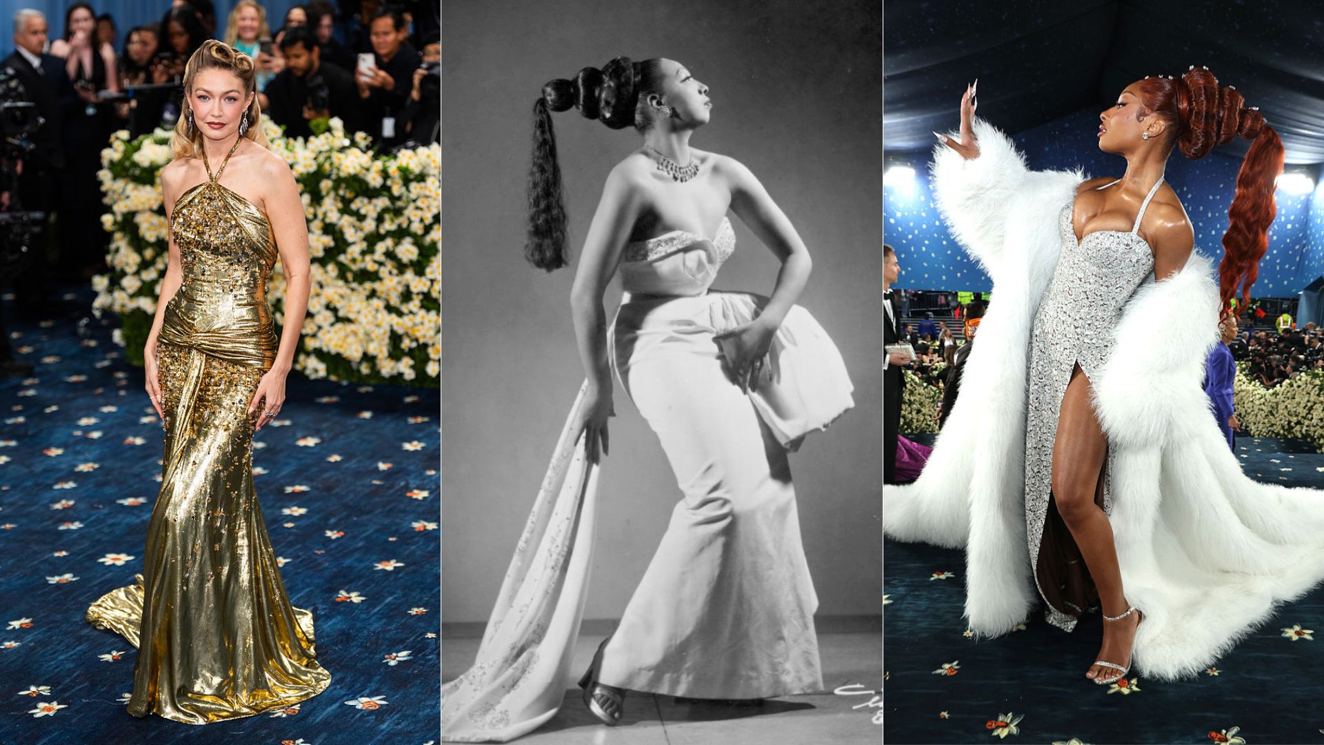 3 looks do Met Gala 2025 inspirados no cinema (Divulgação/TheStewartofNY/GC Images/Michael Ochs Archives/Getty Images/Kevin Mazur/MG25/Getty Images for The Met Museum/Vogue)