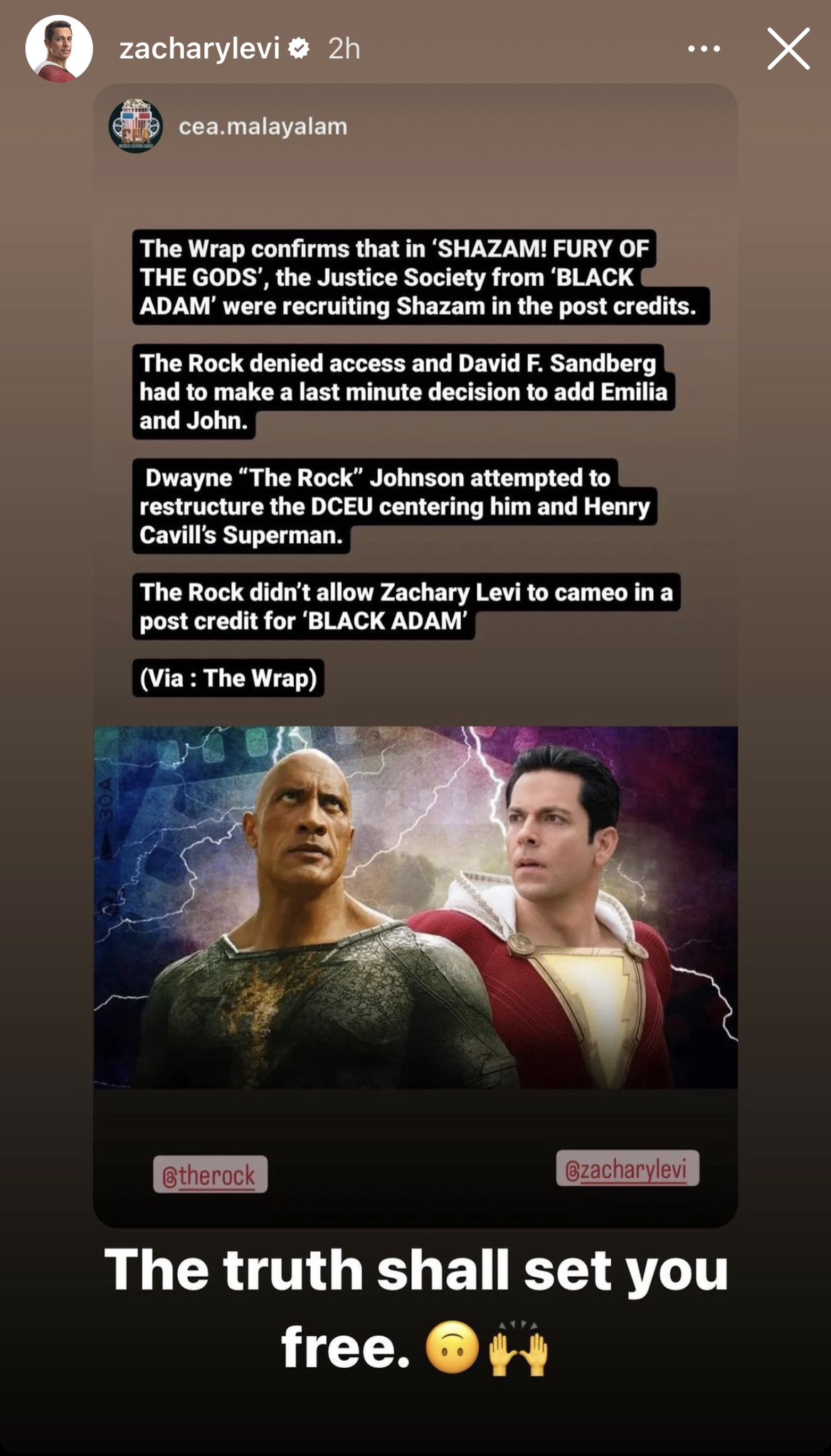 "A verdade o libertará": Zachary Levi confirma interferências de The Rock em "Shazam! Fúria dos Deuses"