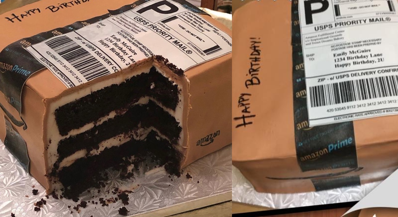 Marido dá bolo em formato de pacote de entrega para esposa “viciada” em comprar online