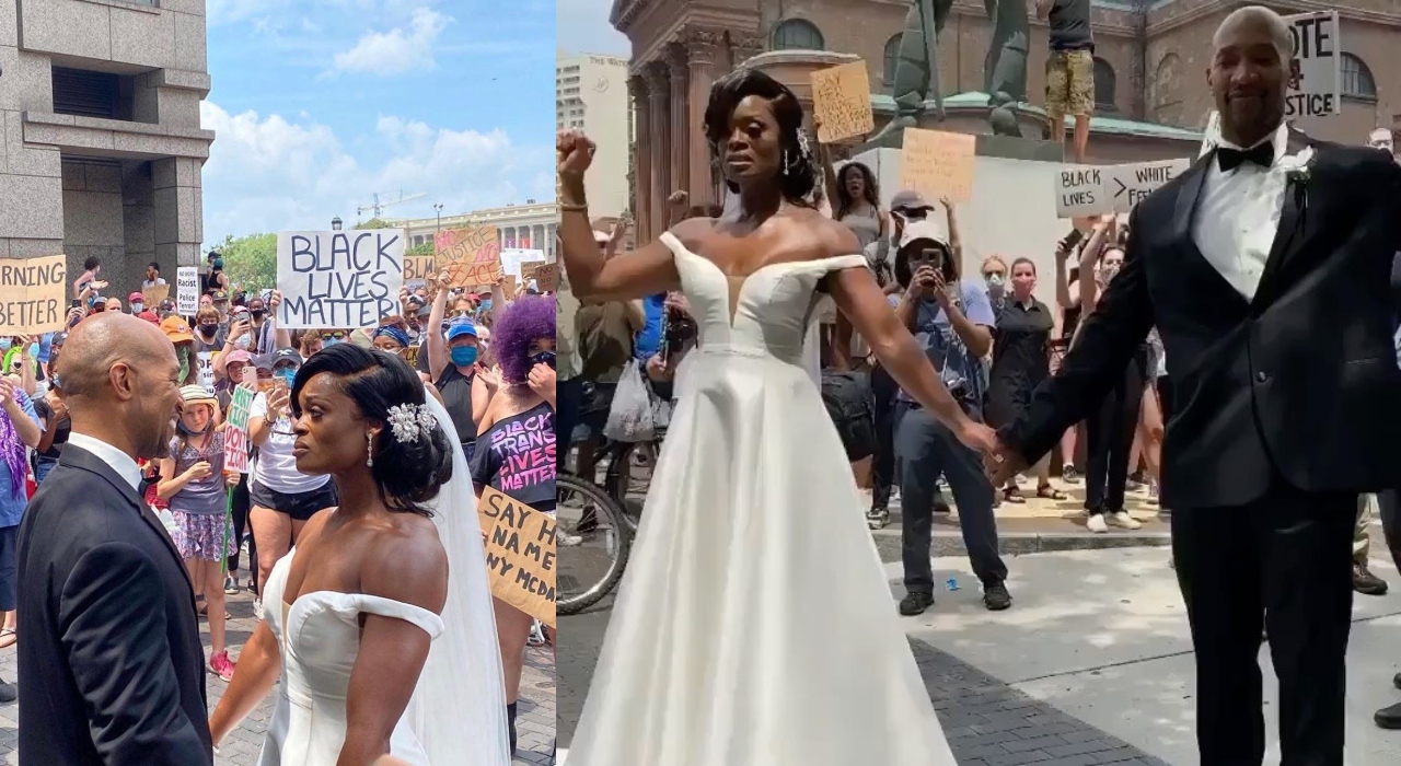 Noivos celebram casamento durante protesto antirracista nos Estados Unidos