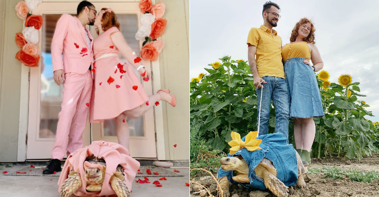 Casal da Califórnia combina roupas com sua tartaruga de estimação e faz sucesso na web