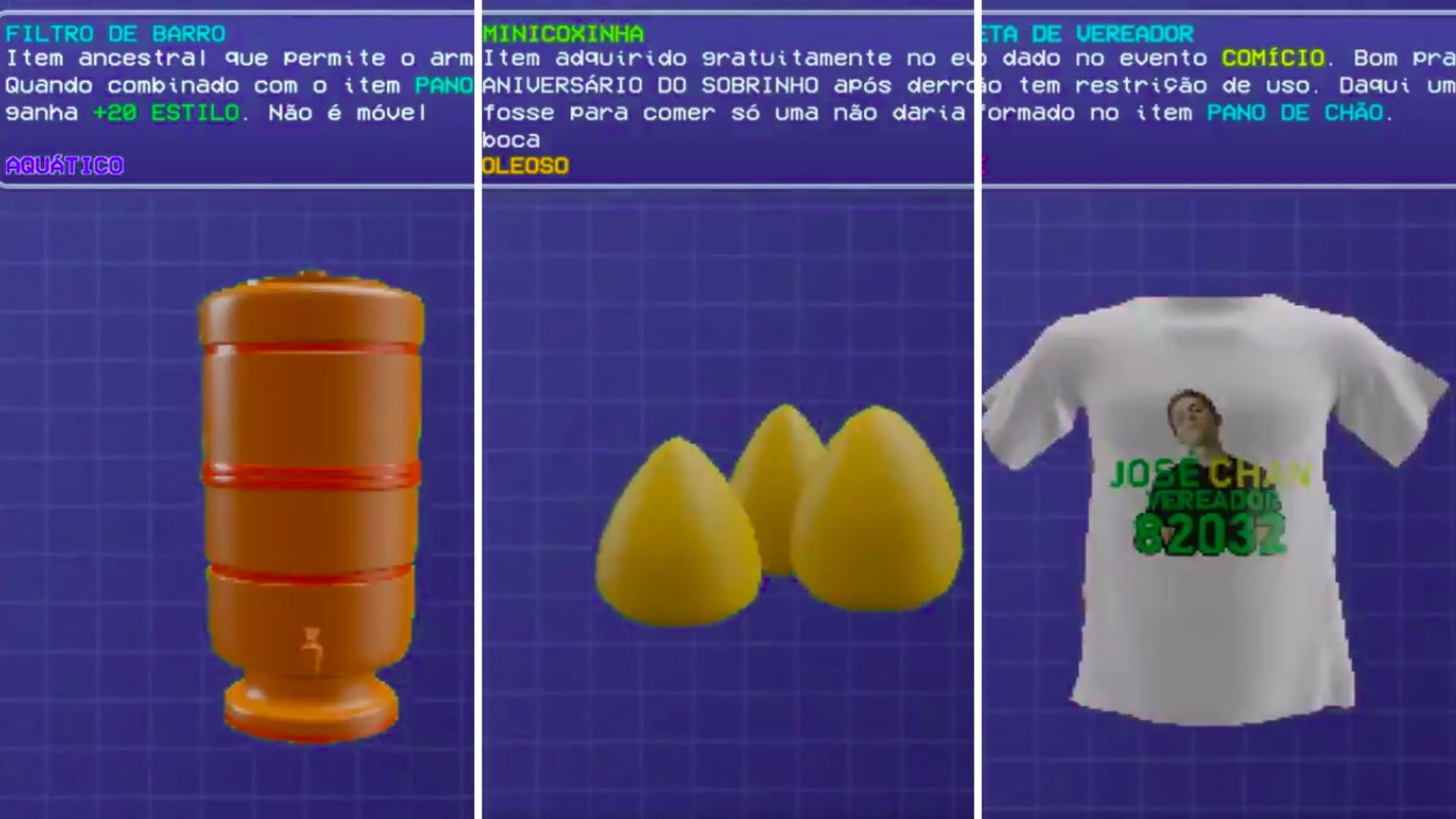 Coxinha, filtro de barro, camiseta de vereador e outros objetos são transformados em itens de JRPG