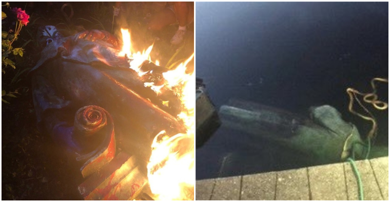 Manifestantes colocam fogo em estátua de Cristóvão Colombo e a jogam em lago após protesto