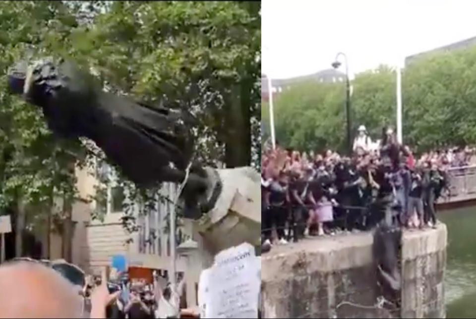 Manifestantes derrubam estátua de traficante de escravos e jogam no rio em Bristol, na Inglaterra