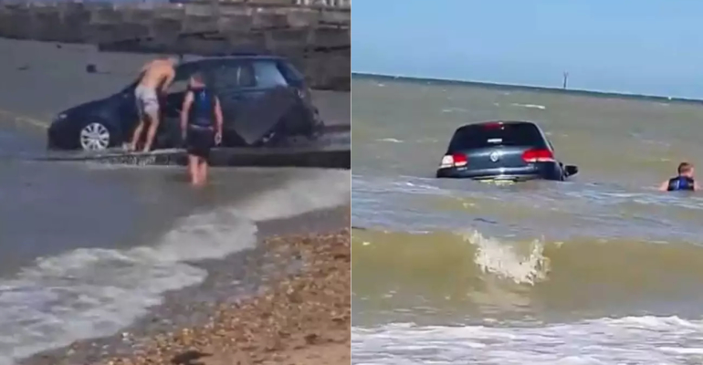 Homem viraliza na internet tentando salvar carro que afundou no mar