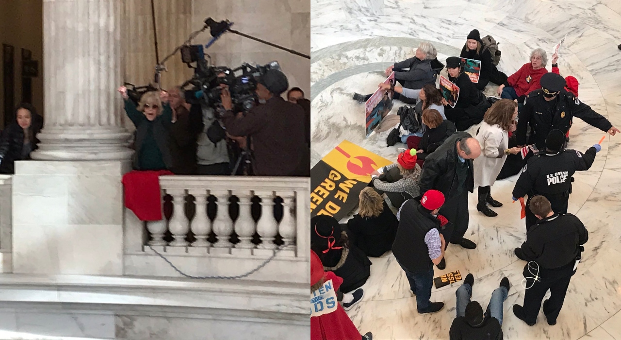 Jane Fonda participa de protestos novamente nesta sexta-feira, dessa vez, ao lado de Robert Kennedy Jr.