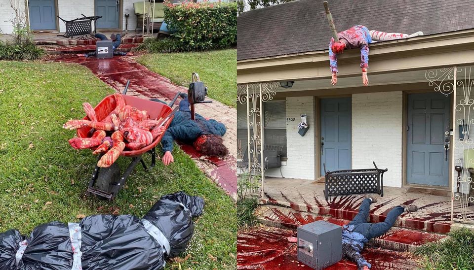 Massacre fake vira chamado de polícia em decoração sangrenta de Halloween