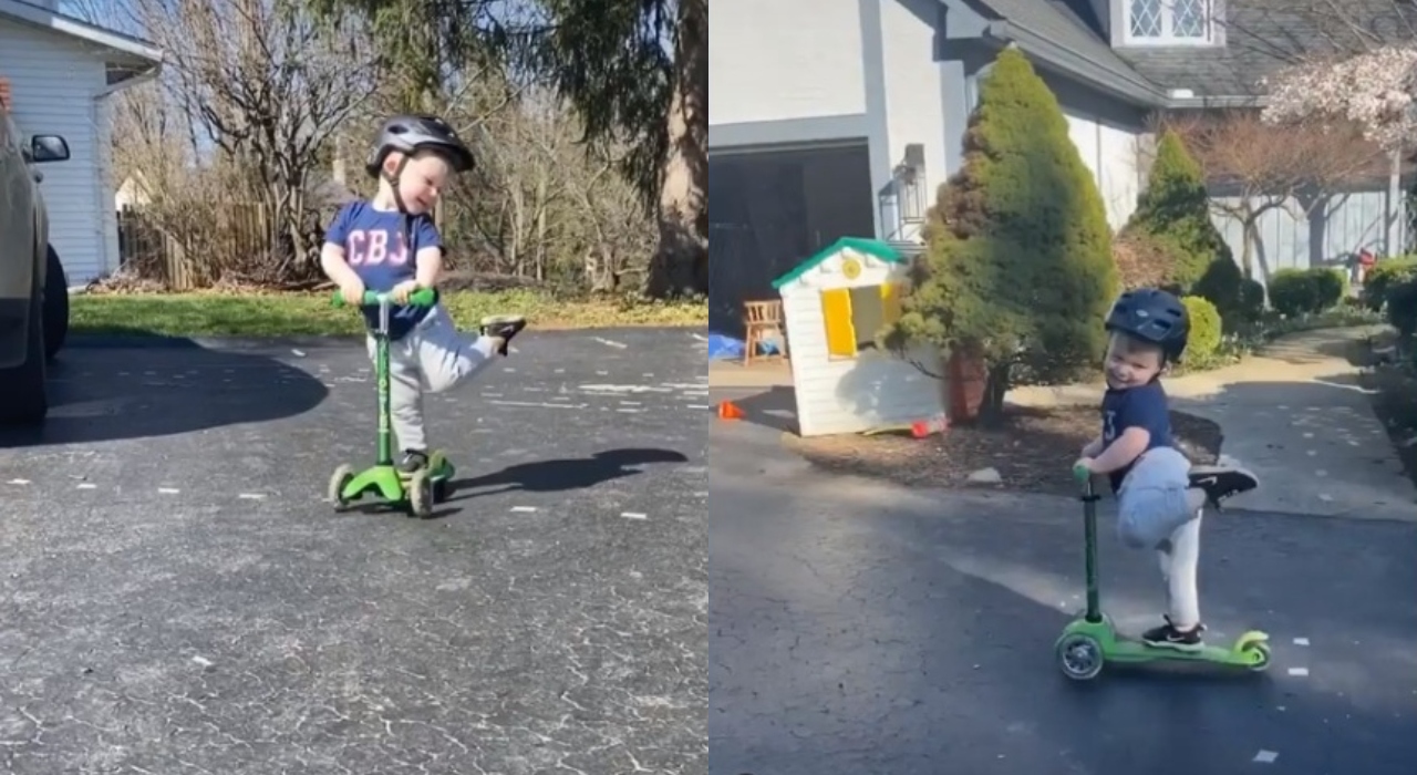 Criança de dois anos anda de patinete de jeito inusitado e encanta web