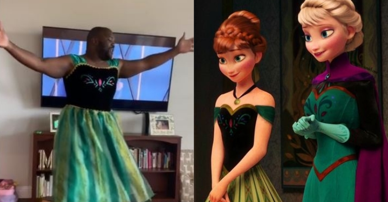 Pai se fantasia de Anna, da animação Frozen, para entreter a filha durante a quarentena