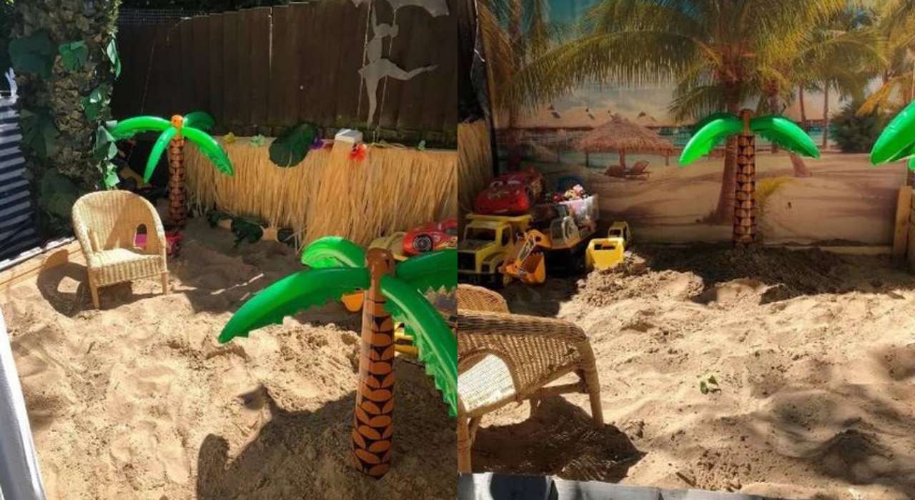 De quarentena, mãe britânica constrói praia em casa para os filhos