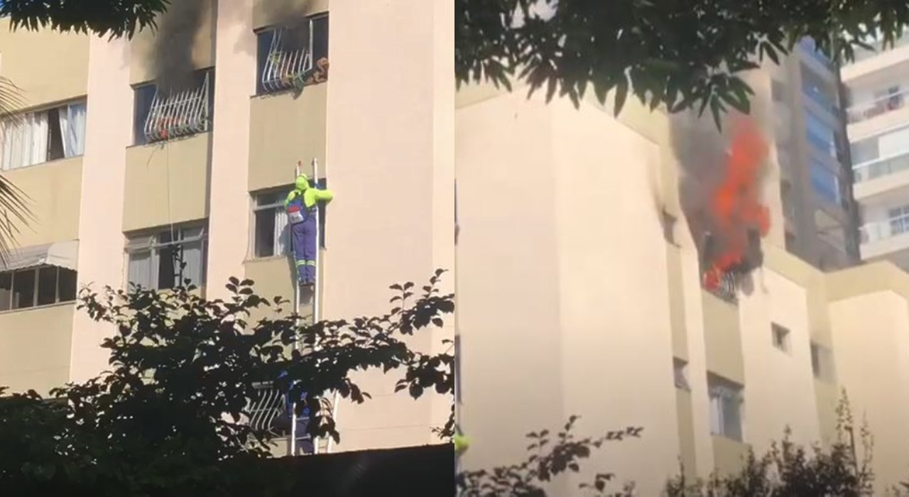 Garis ajudam a resgatar moradoras e cachorro de incêndio em apartamento; veja