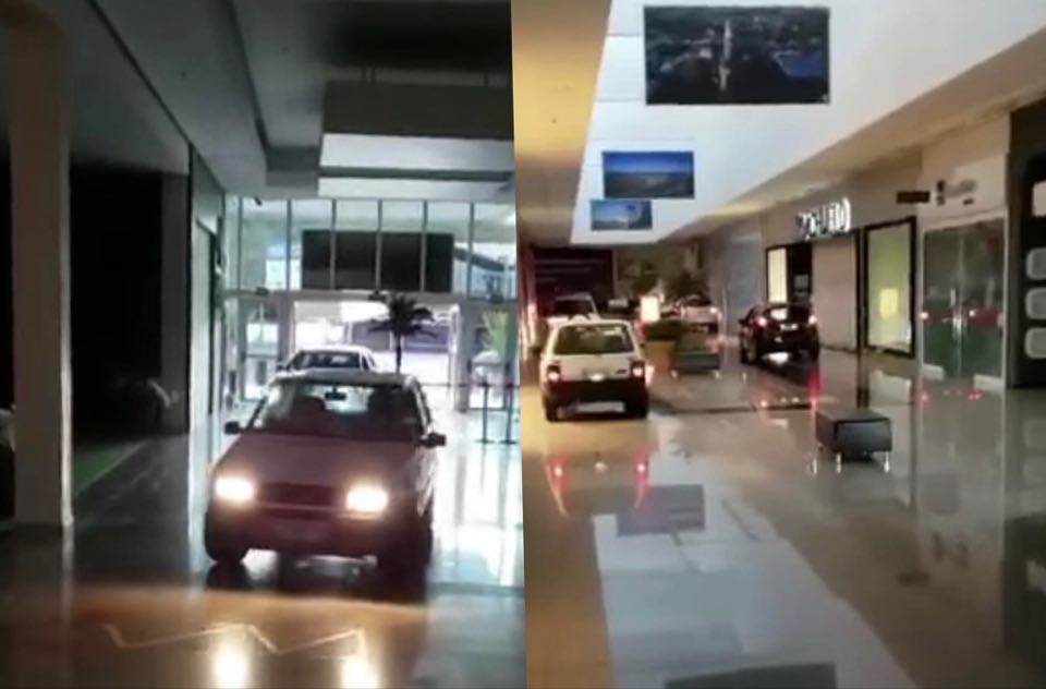 Shopping abre em formato drive-thru e libera carros nos corredores em meio à pandemia
