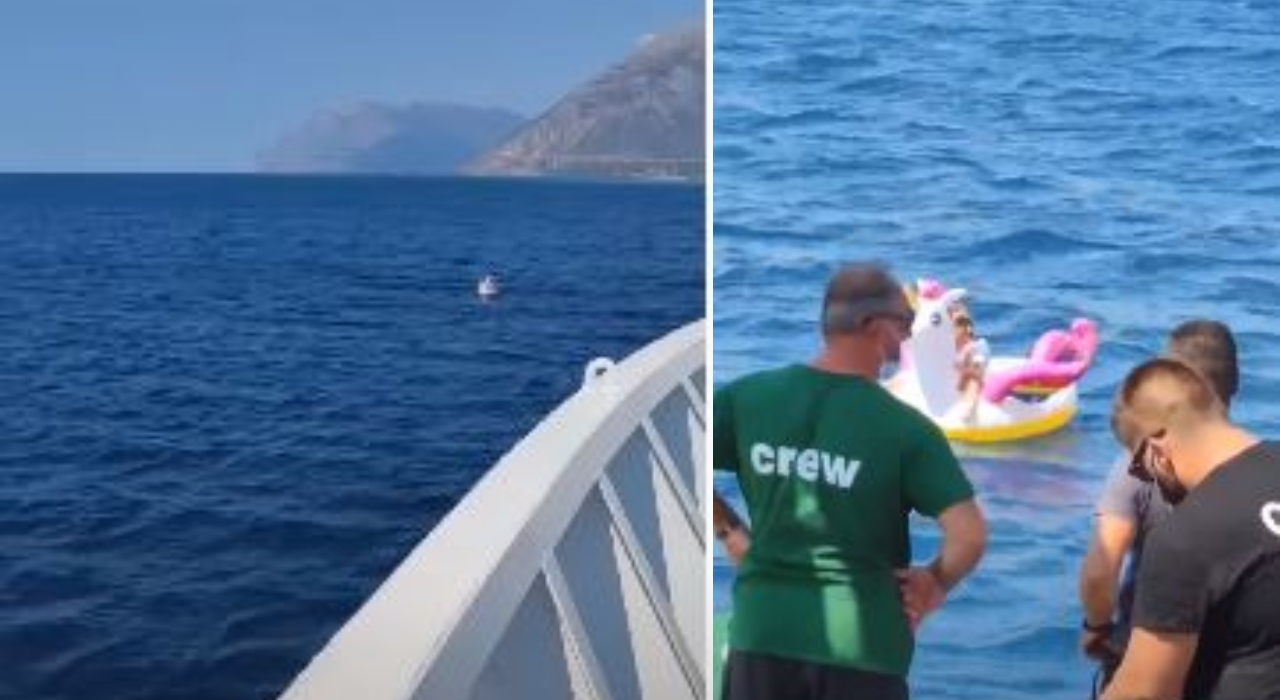 Criança que flutuava em boia de unicórnio é salva na costa da Grécia; veja