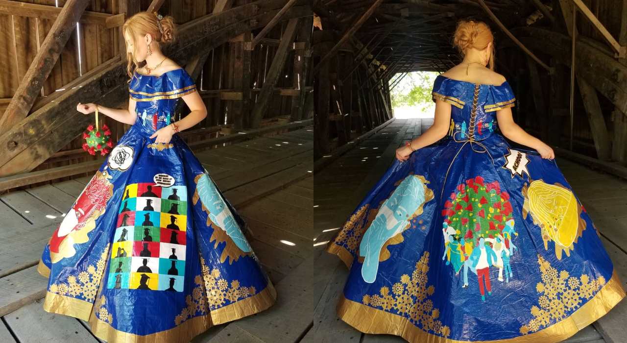 Jovem faz vestido com 750 metros de fita adesiva para ganhar bolsa de estudos